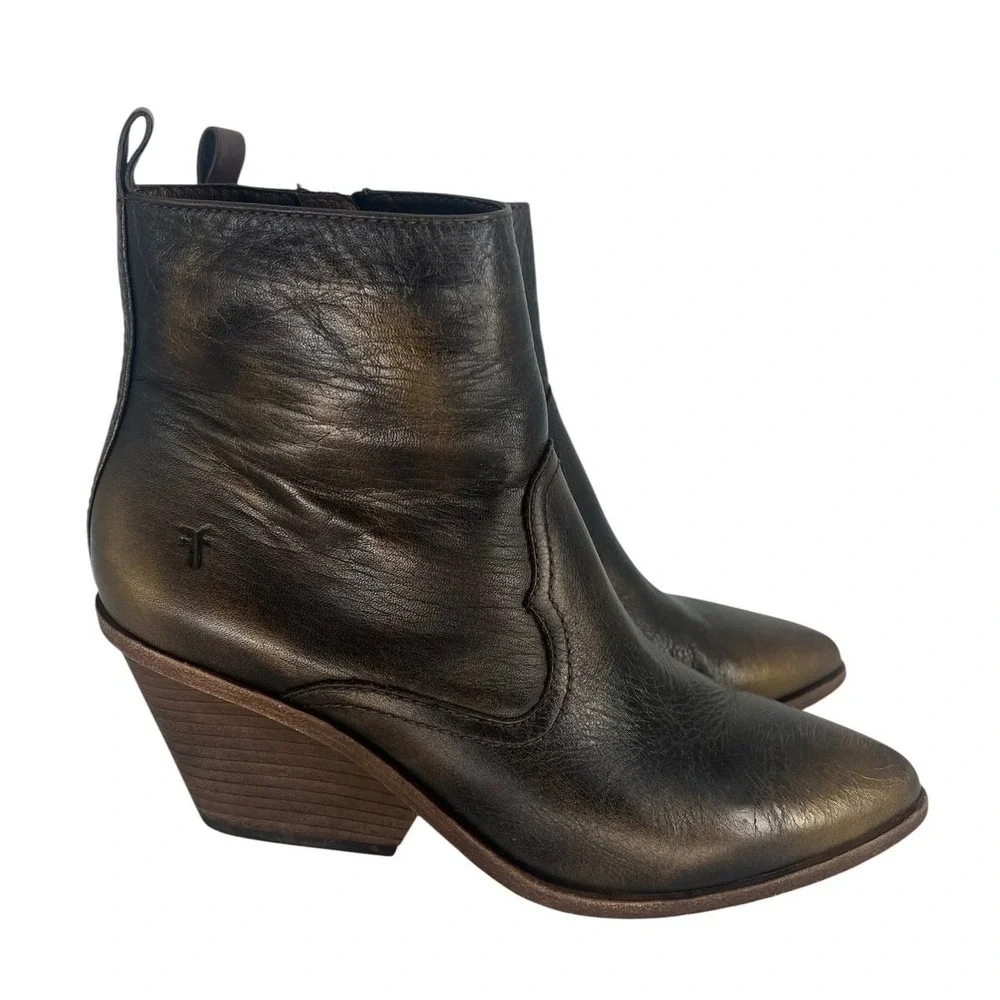 Frye‎ Amado Wedge Ankle Bootie Bronze Brown Leather 7.5